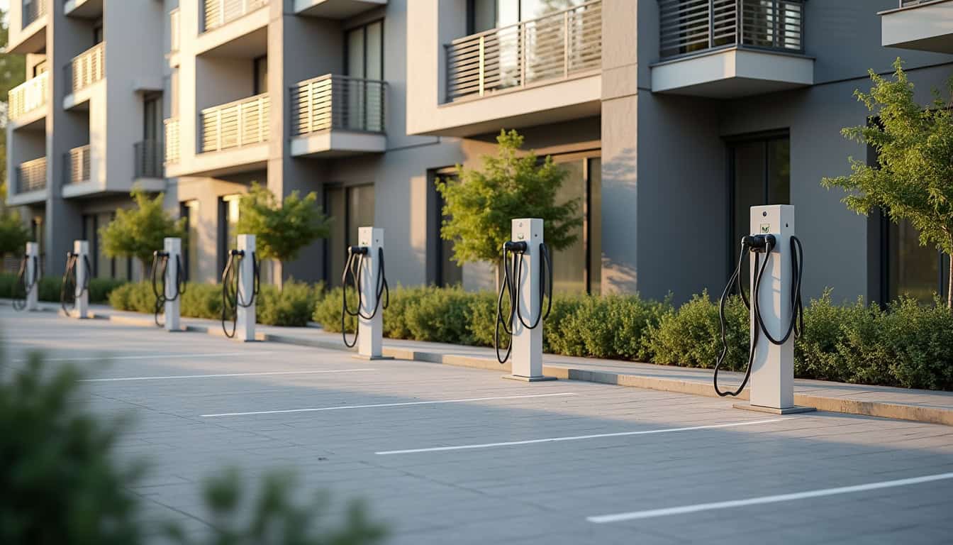 Illustration d'une copropriété avec plusieurs bornes électriques installées sur les places de stationnement