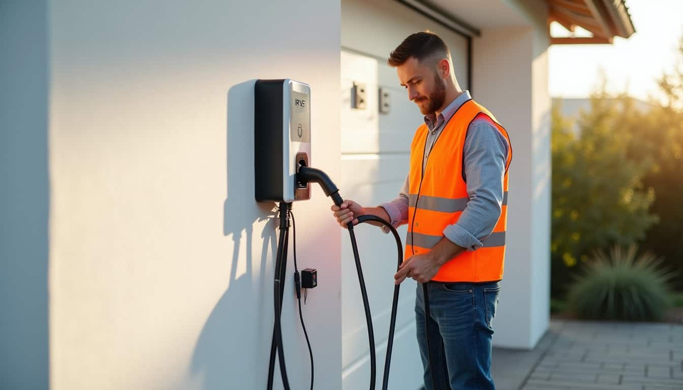 Installateur certifié IRVE en train de poser une borne de recharge à Blancafort
