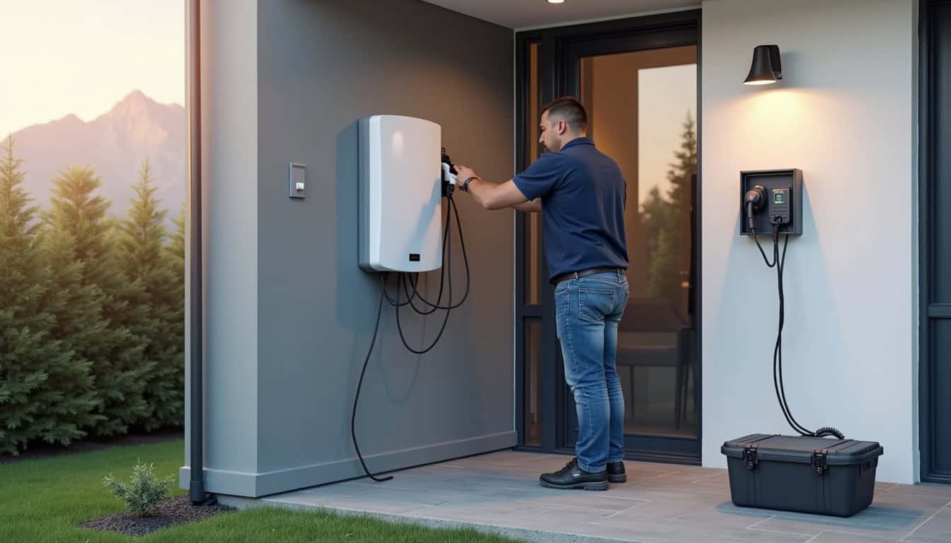 Installateur certifié IRVE en train de poser une borne de recharge murale