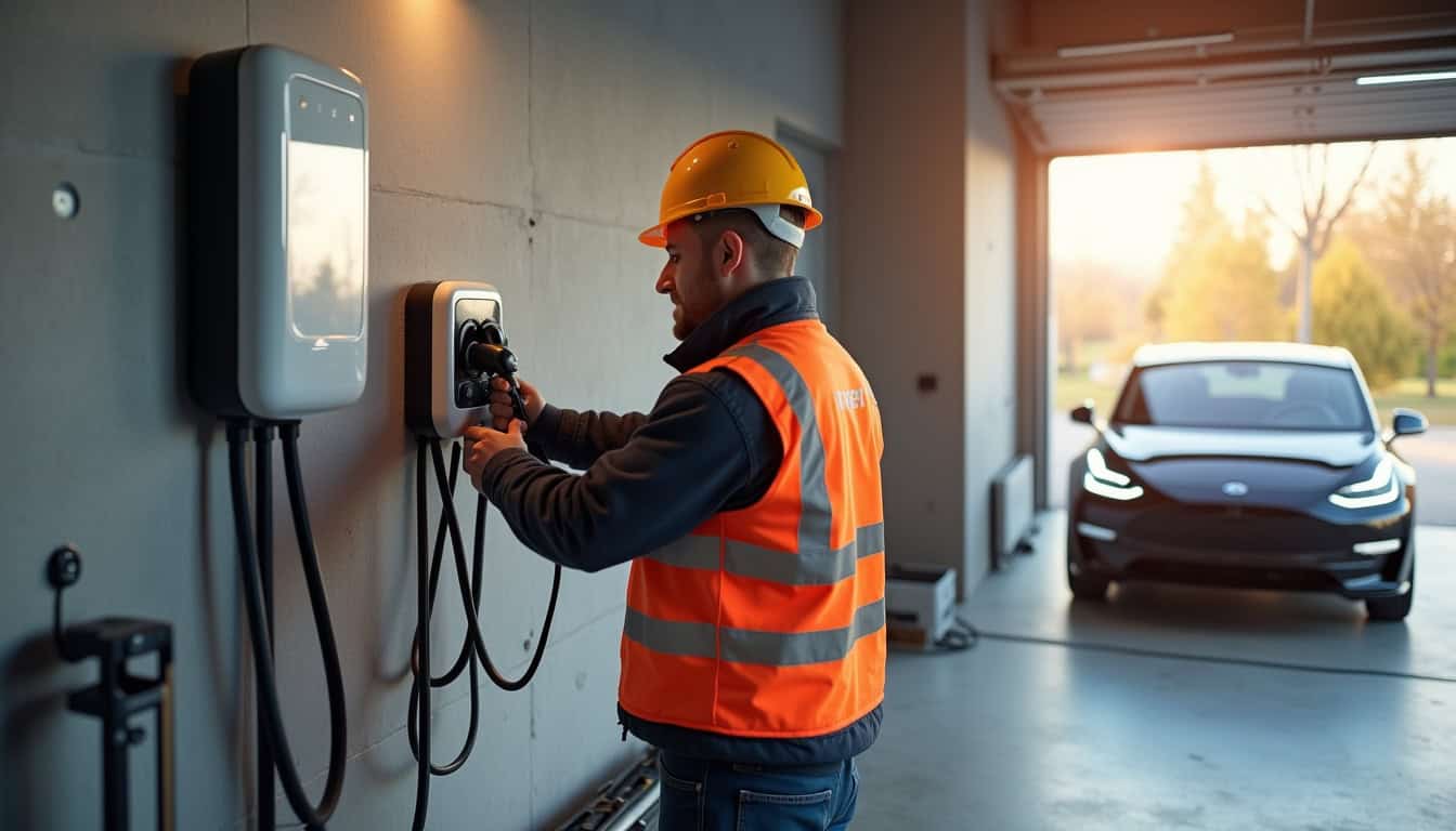 Installateur certifié IRVE en train de poser une borne de recharge murale