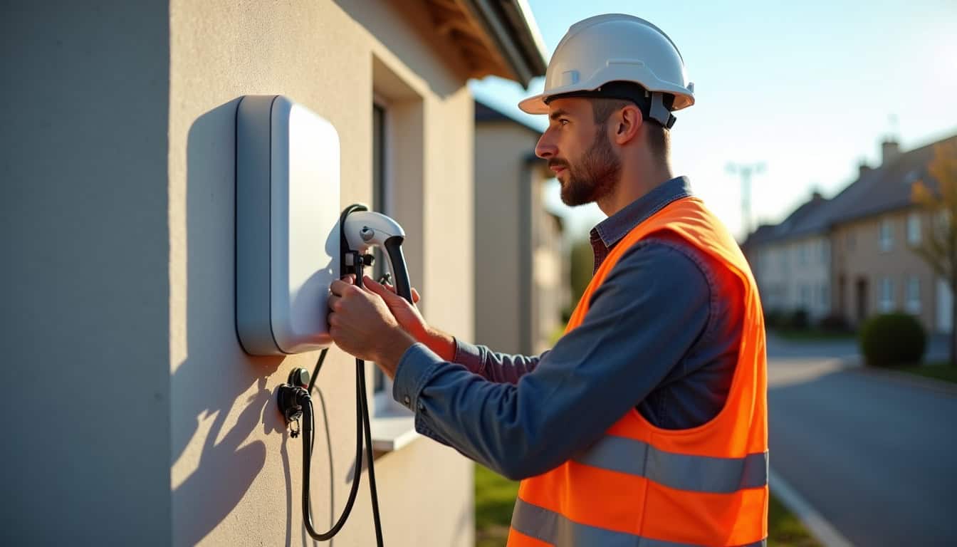 Installateur en train de poser une borne de recharge à l