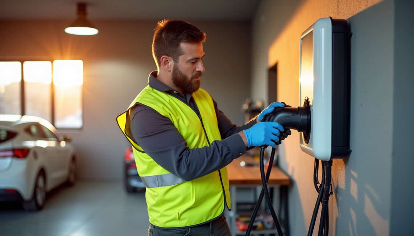 Installateur en train de poser une borne de recharge électrique dans un garage à Coësmes