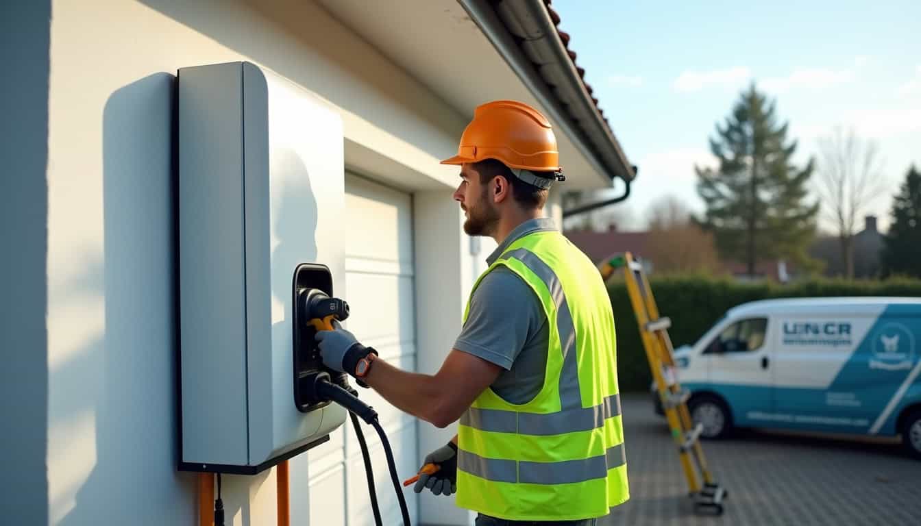 Installateur en train de poser une borne électrique à Sébazac-Concourès