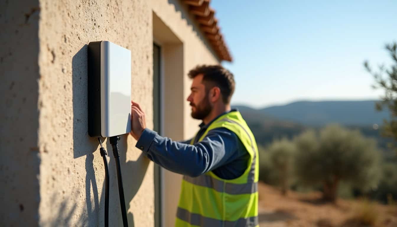 Installateur en train de poser une wallbox sur le mur d'une maison à San-Martino-di-Lota