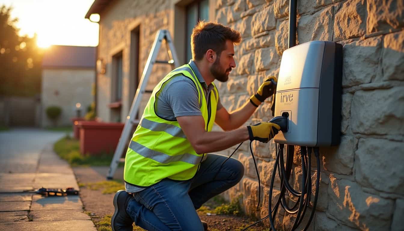 Installateur IRVE en train de poser une borne de recharge à Le Sourn
