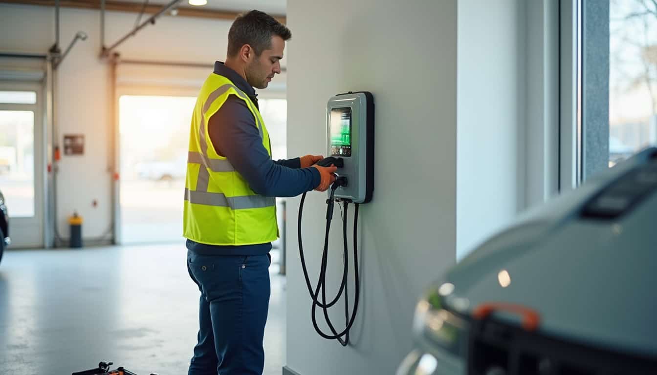 Installateur IRVE en train de poser une borne de recharge électrique à l