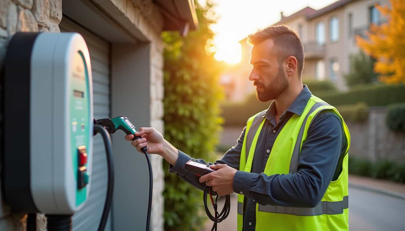 Installateur IRVE en train de vérifier une borne de recharge à Nogent-sur-Oise