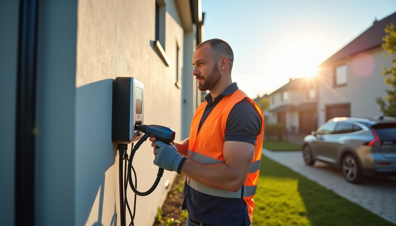 Installateur professionnel en train de fixer une borne de recharge sur un mur extérieur