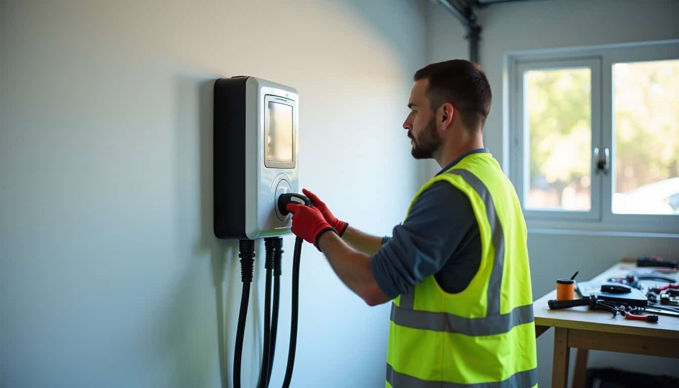 Installateur professionnel vérifiant une borne de recharge après installation