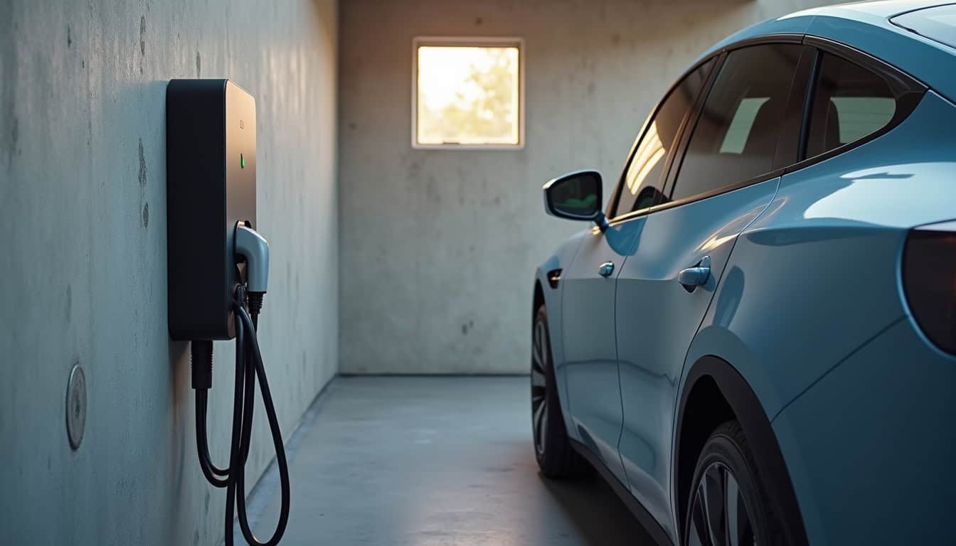 Installation d'une borne de recharge dans un garage privé à Urt, avec un véhicule électrique branché et les câbles bien rangés
