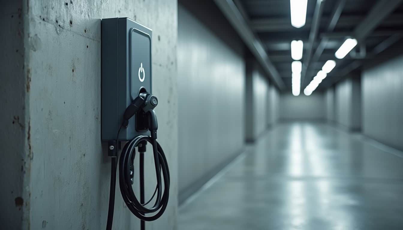 Installation d'une borne de recharge dans un parking de copropriété à Mende avec câble protégé et boîtier mural