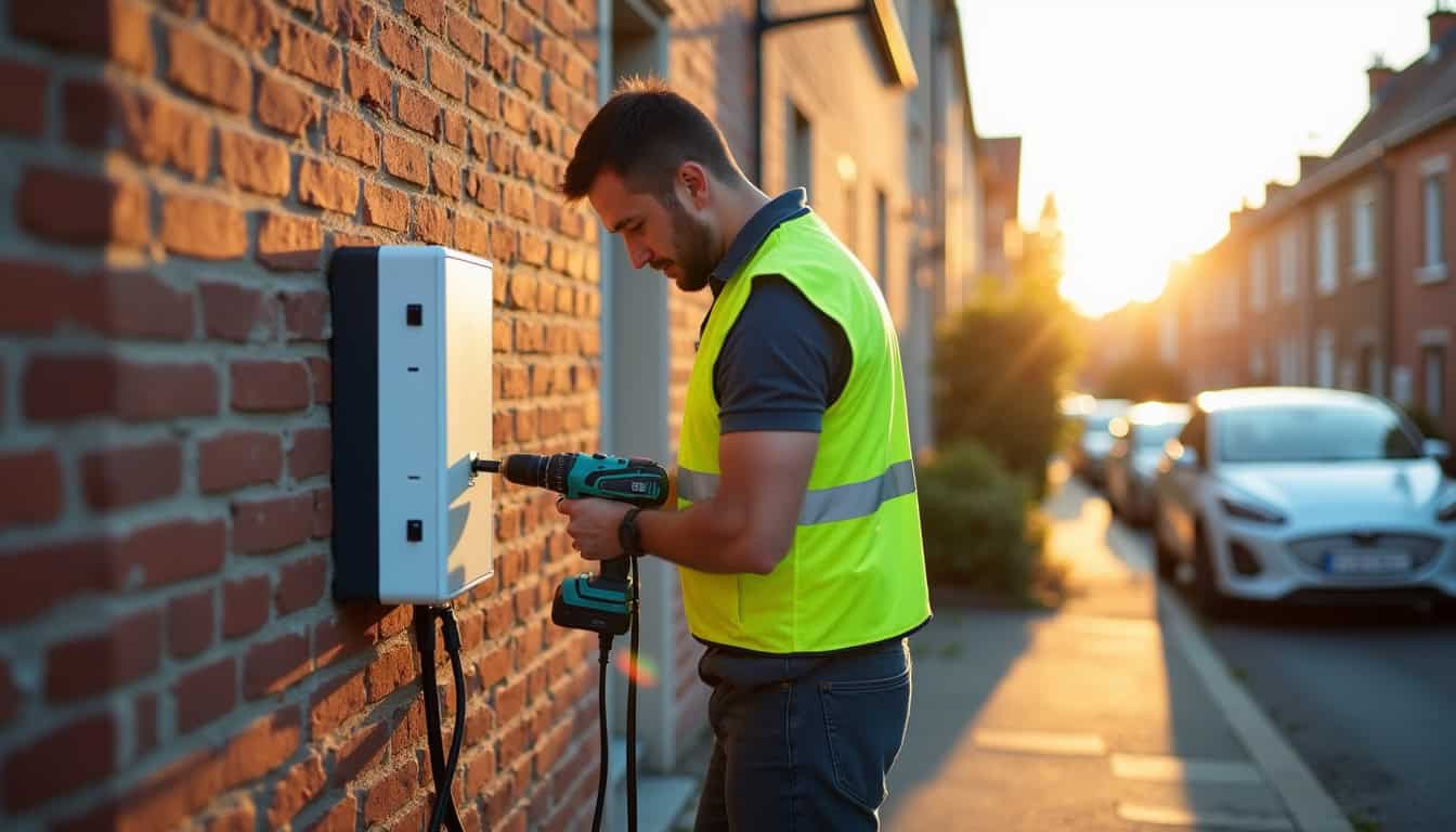 Installation d'une borne de recharge électrique à Auxonne, vue d’un technicien en train de fixer une wallbox sur un mur extérieur