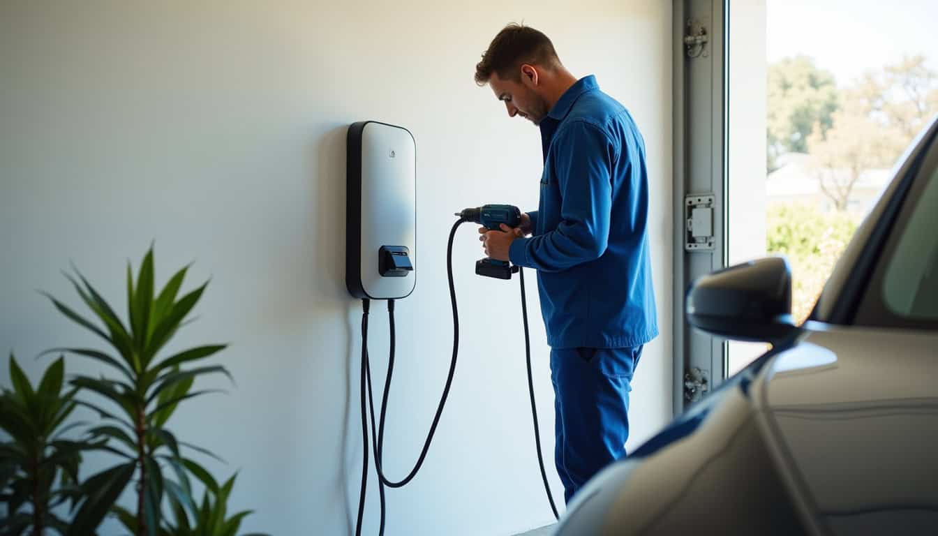 Installation d'une borne de recharge électrique à Castries, vue d'un technicien en train de fixer une borne murale près d'un véhicule électrique