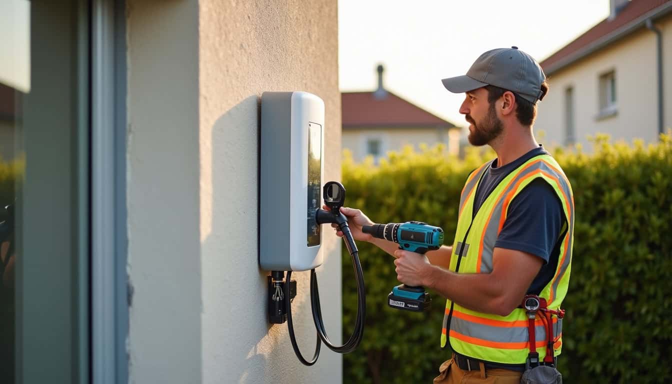 Installation d'une borne de recharge électrique à Coufouleux, vue d'un professionnel en train de poser une wallbox sur un mur extérieur
