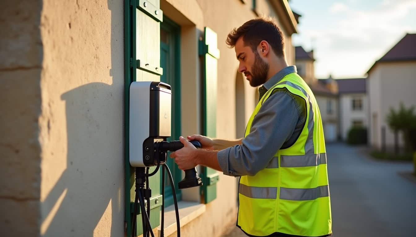 Installation d'une borne de recharge électrique à Le Mesnil-sur-Oger, vue d'un professionnel en train de fixer la borne sur un mur extérieur