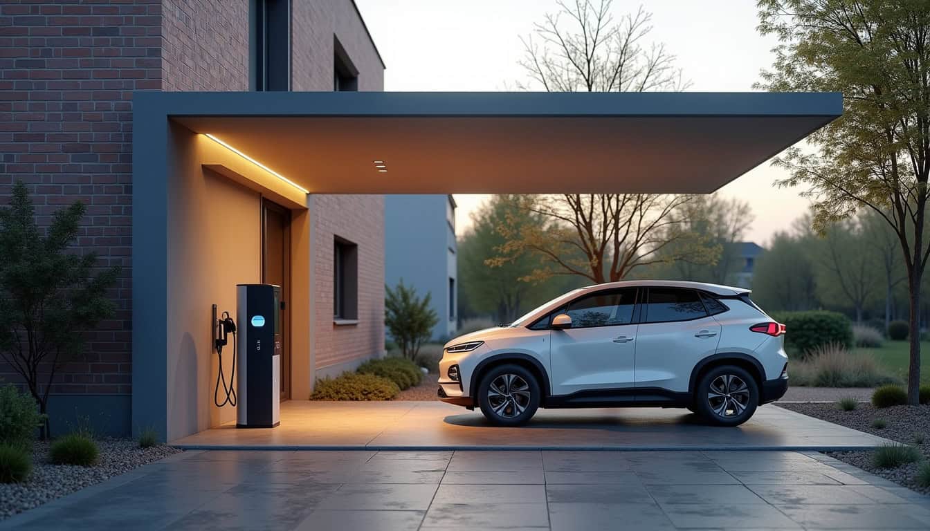 Installation d'une borne de recharge électrique à l'extérieur d'une maison à Sailly-Labourse, protégée par un auvent