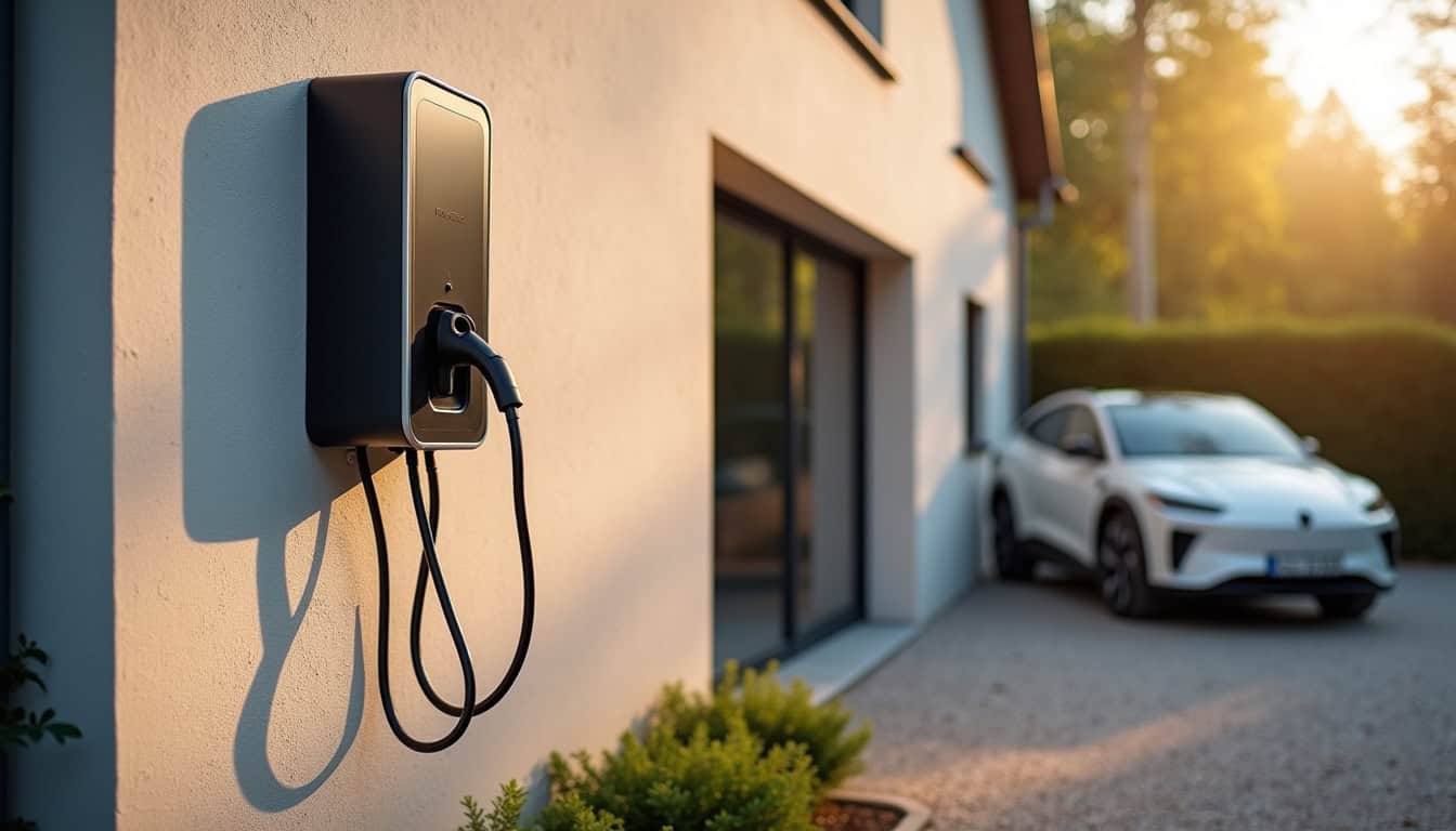 Installation d'une borne de recharge électrique à l'extérieur d'une maison à Sundhoffen, près d'un garage