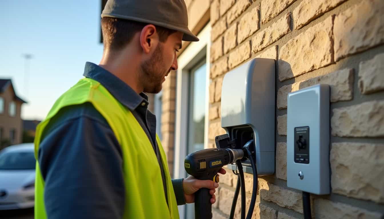 Installation d'une borne de recharge électrique à Miremont, vue d'un professionnel en train de fixer une wallbox sur un mur extérieur