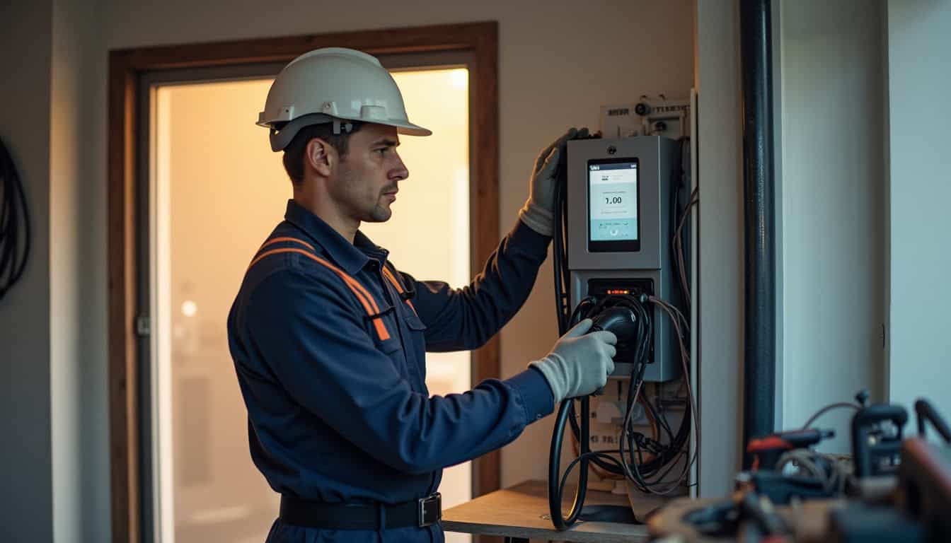 Installation d'une borne de recharge électrique à Sainte-Rose, vue d'un technicien en train de raccorder une wallbox à un tableau électrique