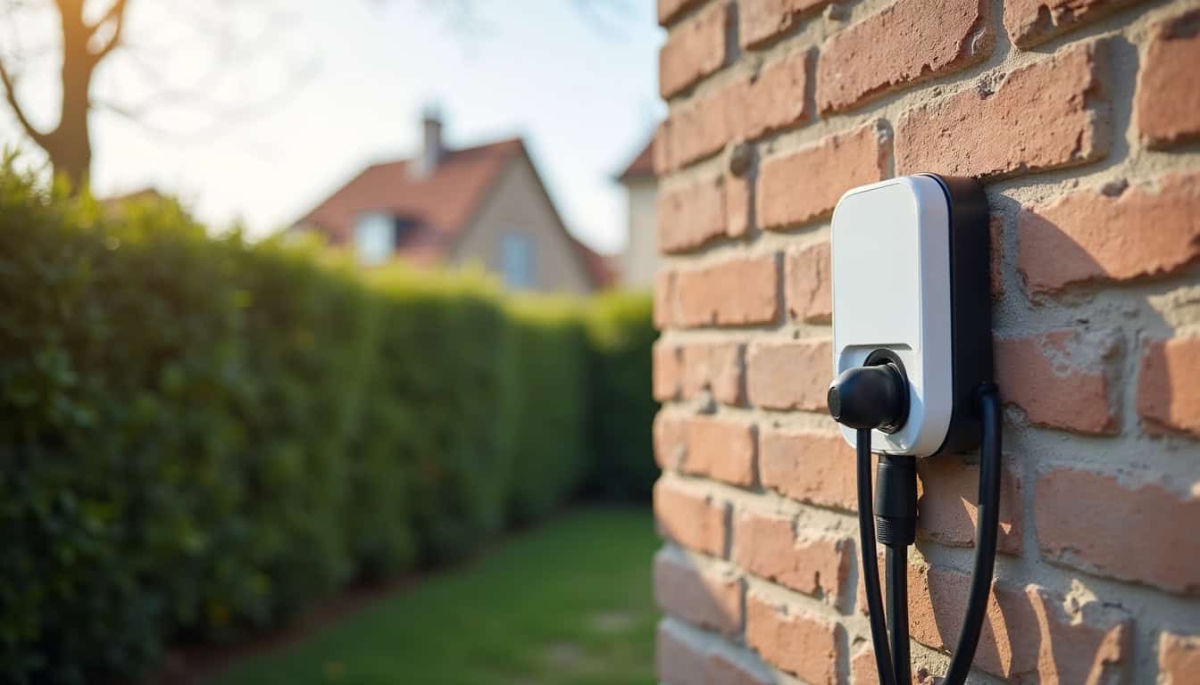 Installation d'une borne de recharge électrique à Secondigny, vue du raccordement électrique sur un mur extérieur