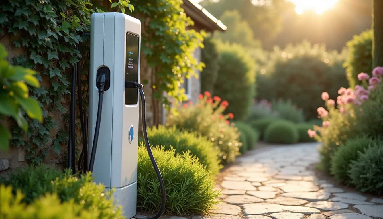 Installation d'une borne de recharge électrique dans un jardin à Varennes-Saint-Sauveur