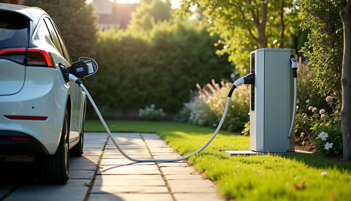 Installation d'une borne de recharge électrique dans un jardin privé à Champfleur