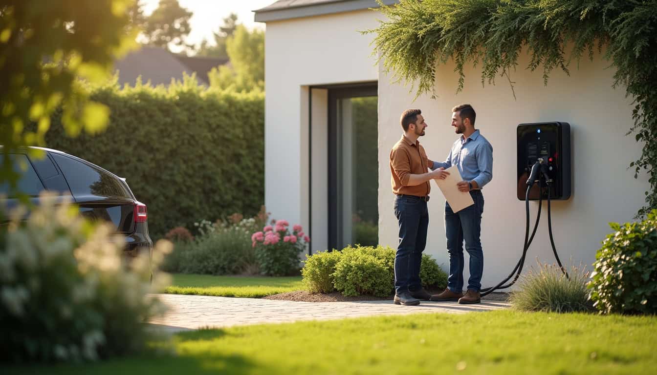 Installation d'une borne de recharge électrique dans un jardin résidentiel à Saubrigues