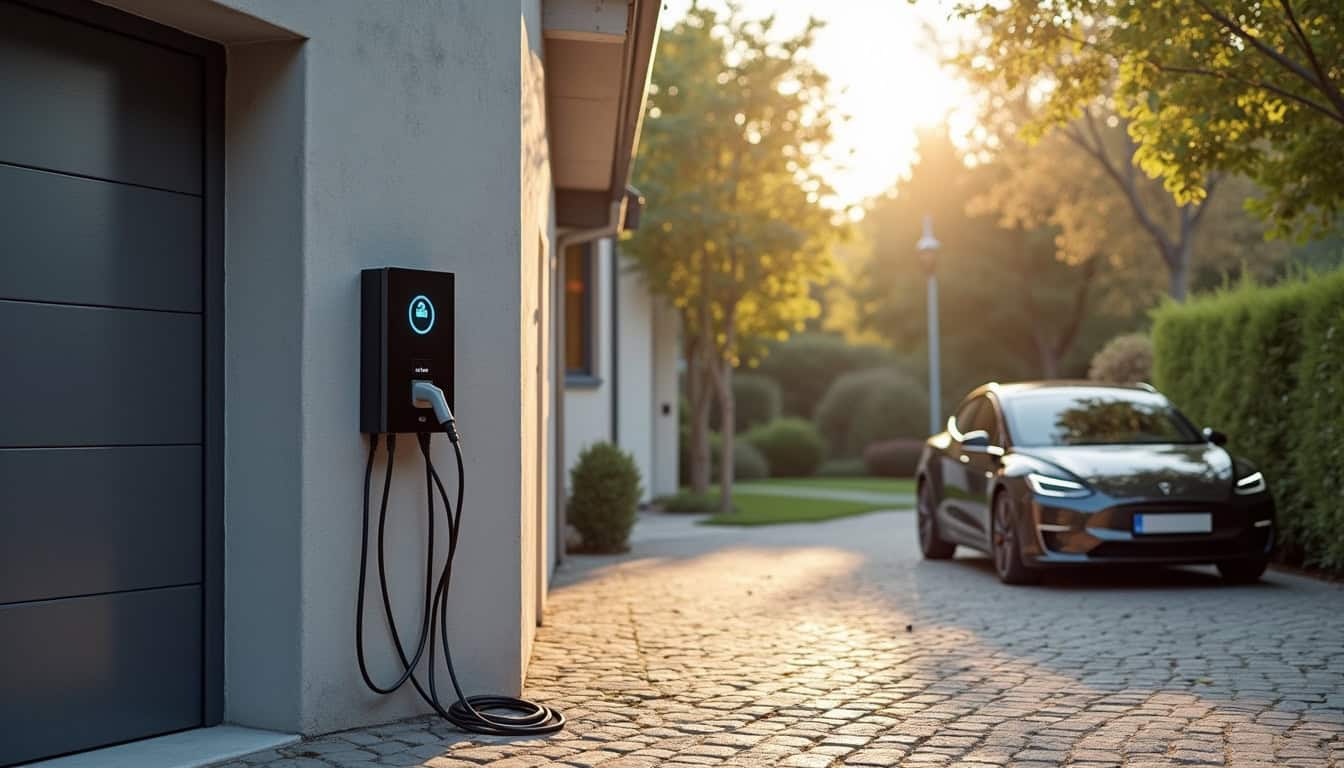Installation d'une borne de recharge électrique devant un garage à Ancône, en milieu résidentiel