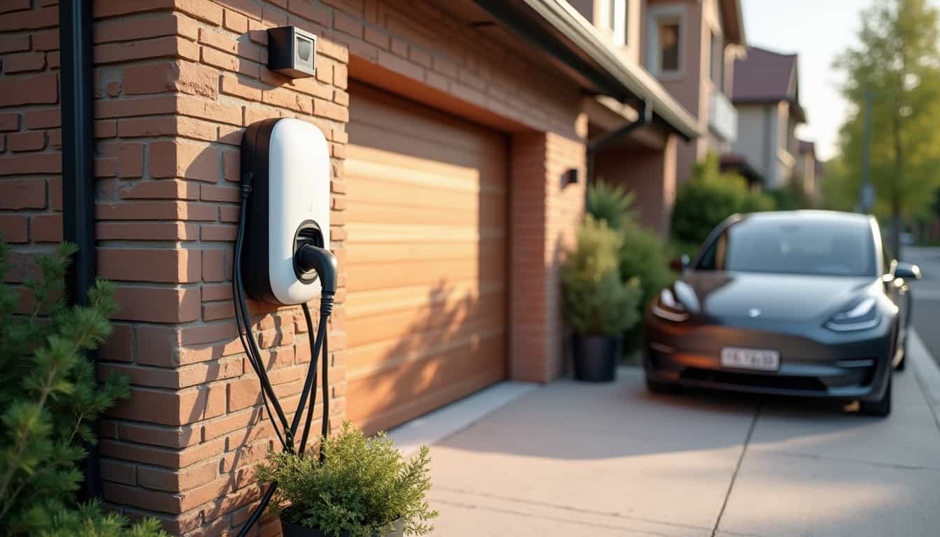 Installation d'une borne de recharge électrique devant un garage à Bernaville