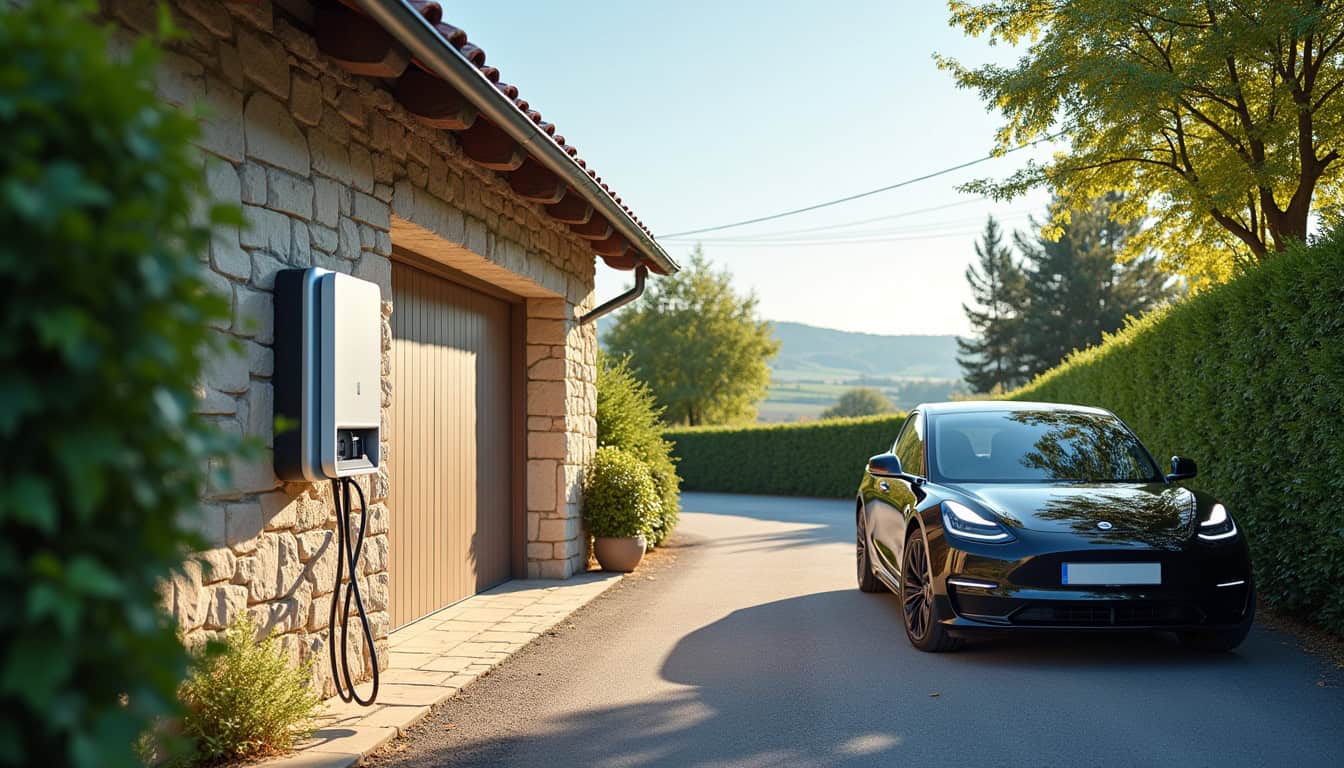 Installation d'une borne de recharge électrique devant un garage à Villefranque