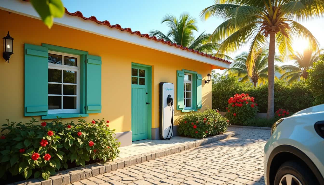 Installation d'une borne de recharge électrique devant une maison à Le Carbet, Martinique