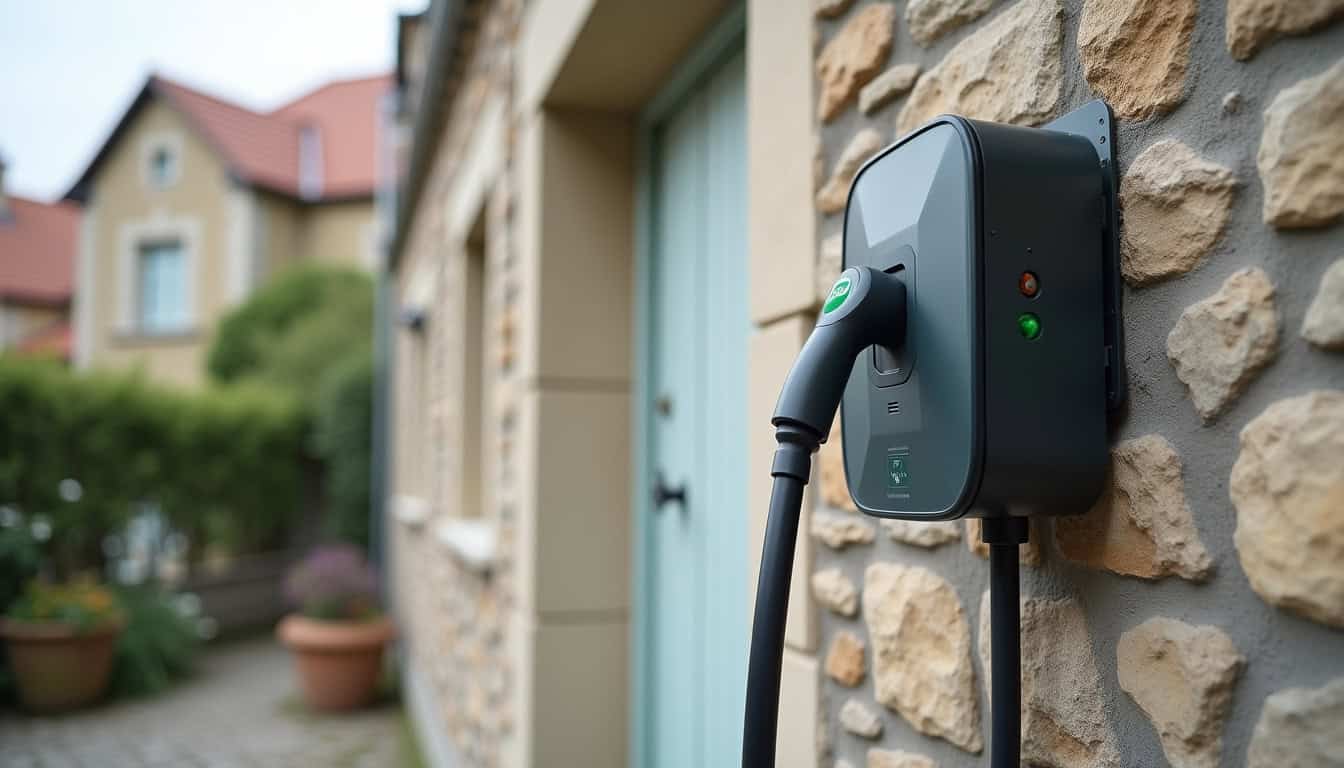 Installation d'une borne de recharge électrique en extérieur à Montmédy, montrant le câble, le boîtier et la fixation murale