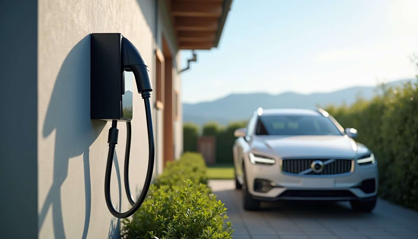 Installation d'une borne de recharge électrique en extérieur à Poisat, vue de jour avec câble raccordé