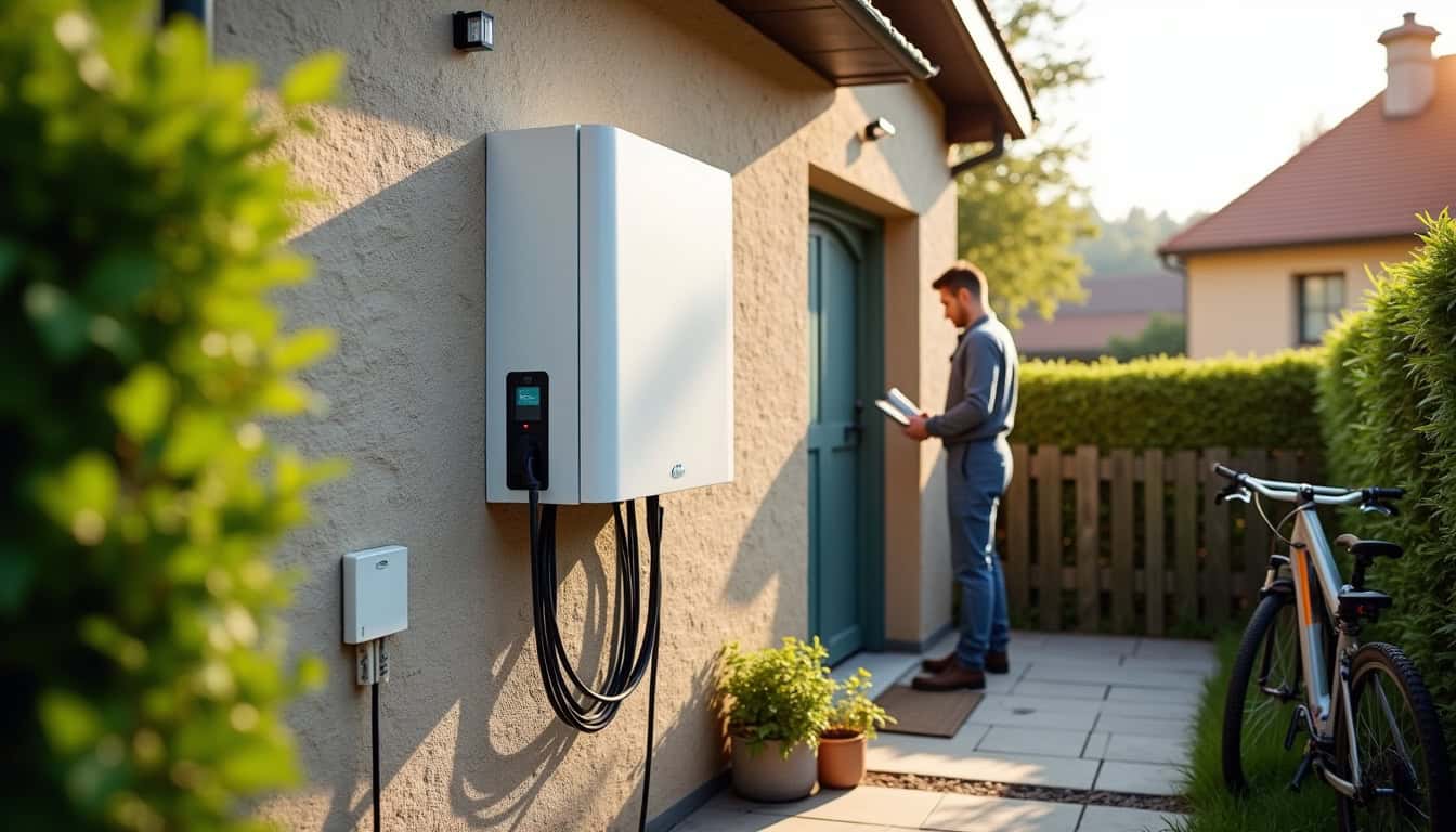 Installation d'une borne de recharge électrique en extérieur, fixée au mur d'une maison à Saint-Lumine-de-Clisson