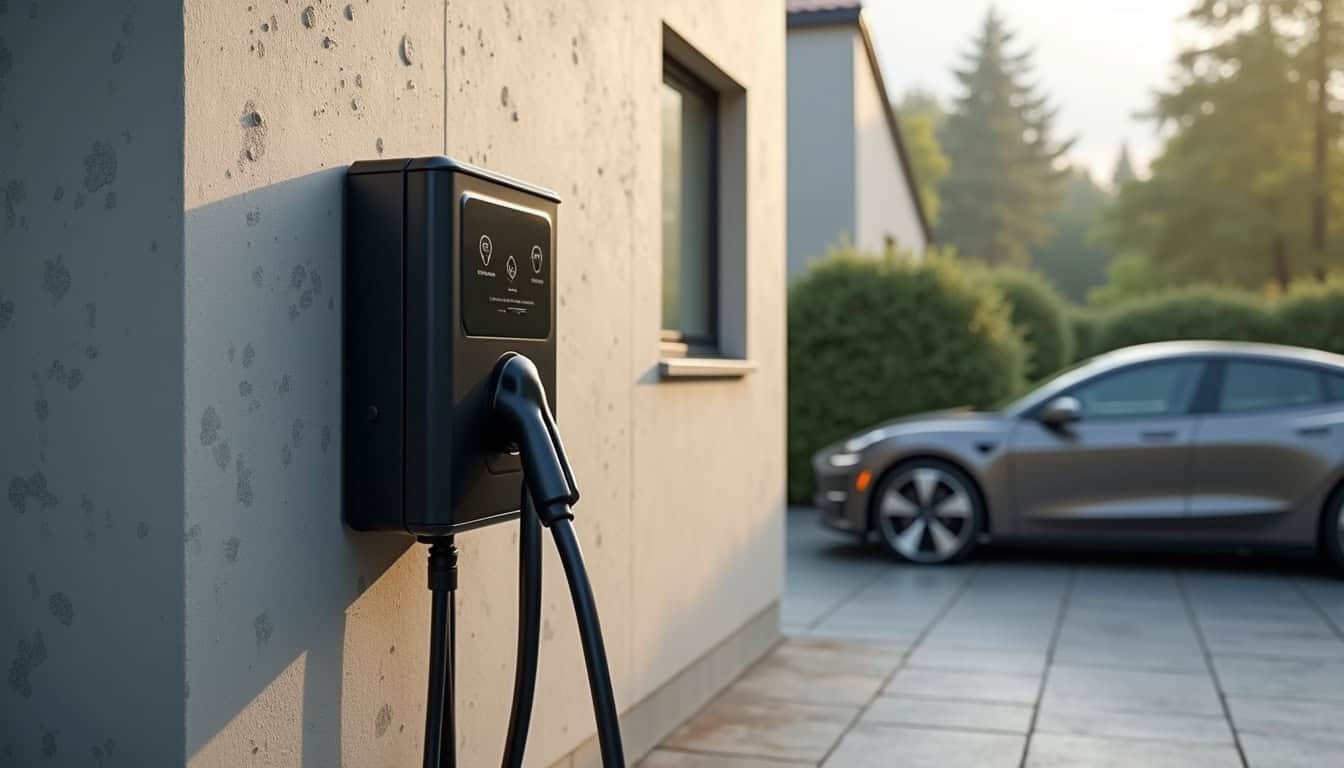 Installation d'une borne de recharge électrique en extérieur, fixée sur un mur extérieur résistant aux intempéries