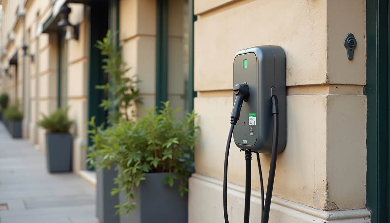 Installation d'une borne de recharge électrique en extérieur, mur d'immeuble parisien avec câblage sécurisé