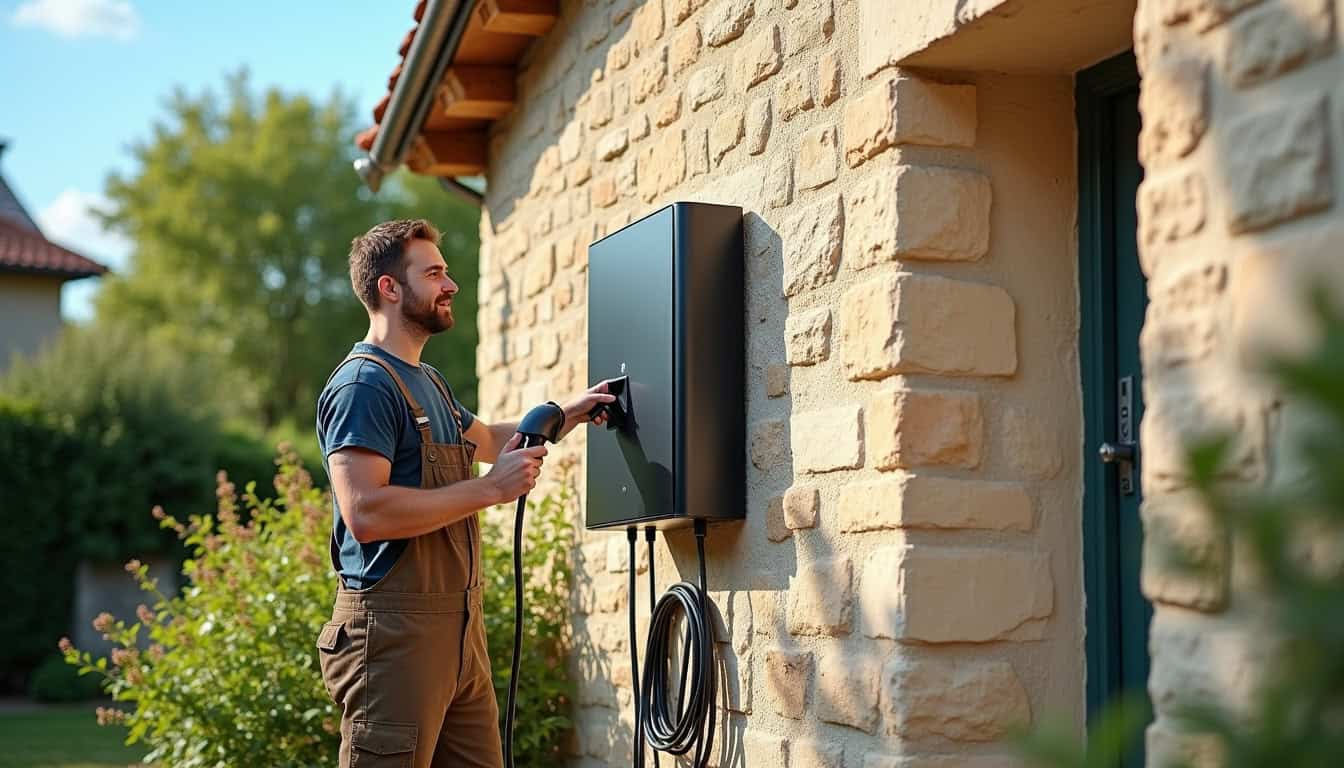 Installation d'une borne de recharge électrique en extérieur sur un mur de maison à La Chapelle-de-Brain