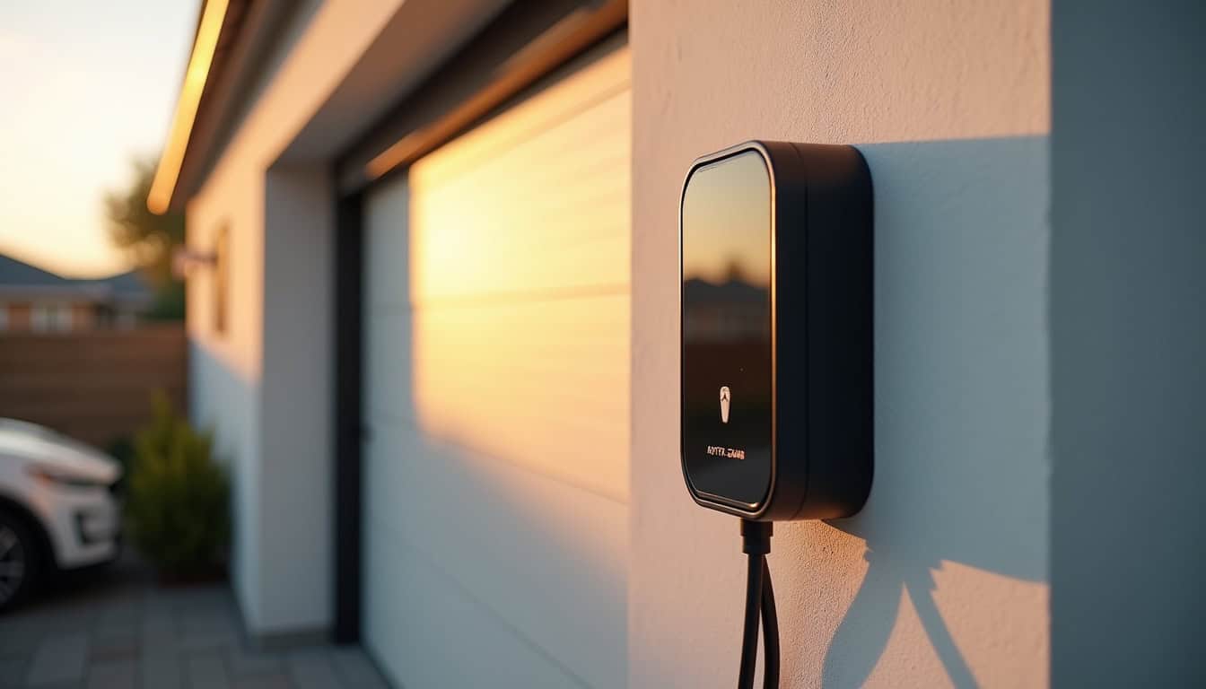Installation d'une borne de recharge électrique fixée sur un mur extérieur près d'un garage