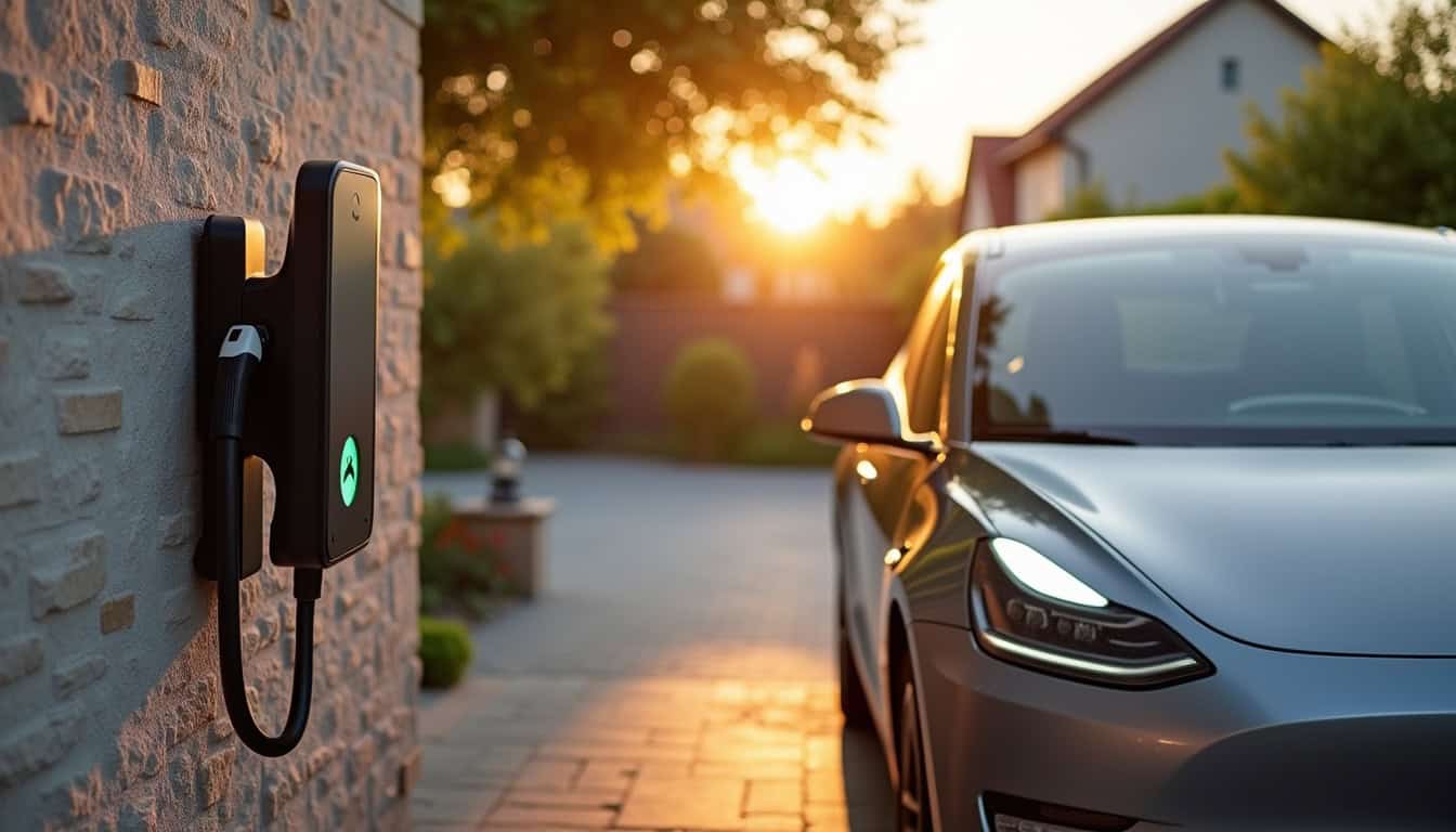 Installation d'une borne de recharge électrique fixée sur un mur extérieur près d'un véhicule électrique