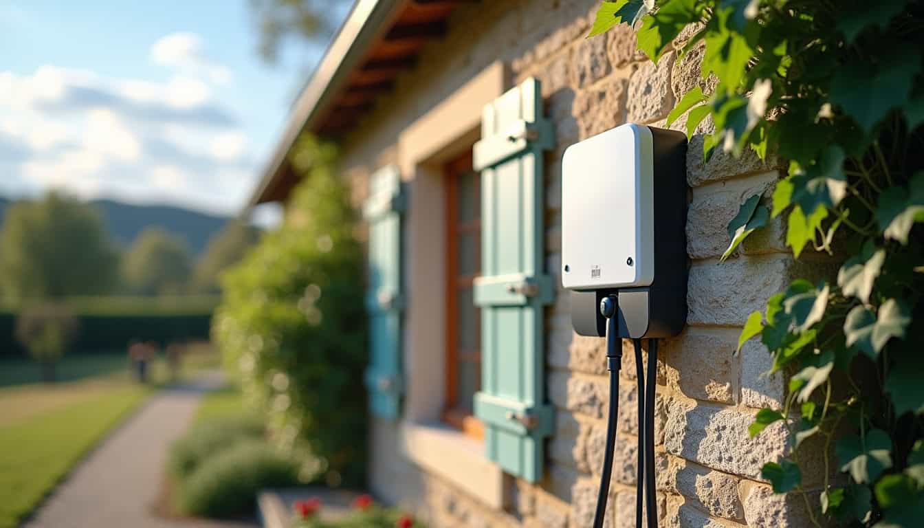 Installation d'une borne de recharge électrique sur le flanc d'une maison à Erbrée, en extérieur, câble bien conduit et fixé au mur