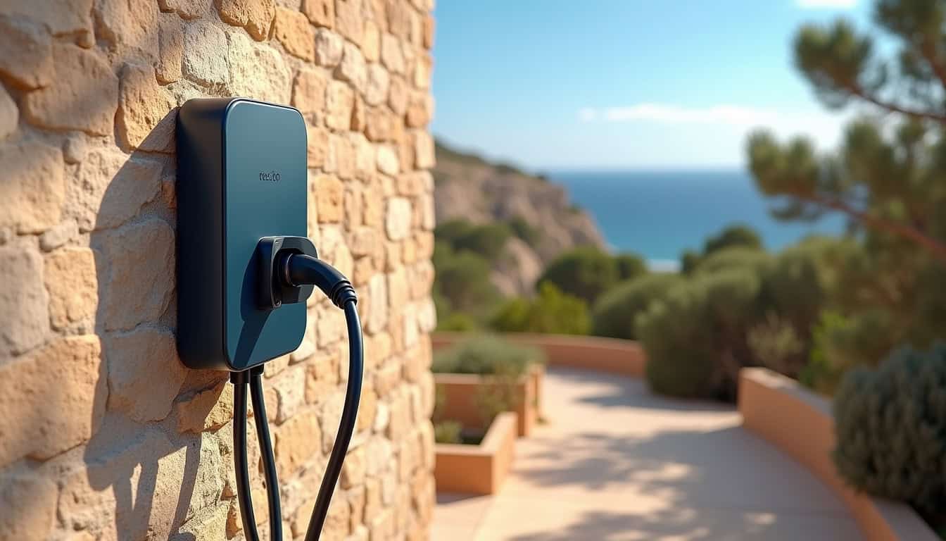 Installation d'une borne de recharge électrique sur un mur extérieur à Bonifacio