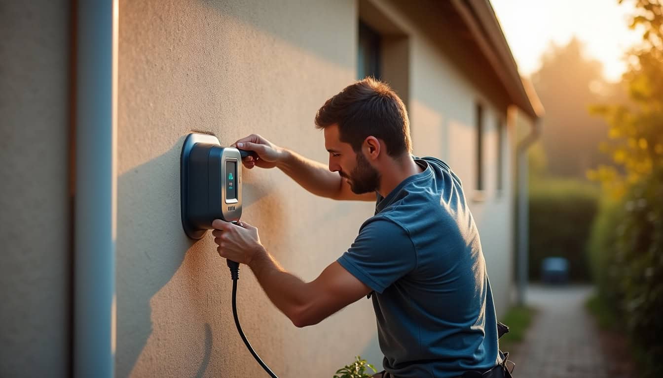 Installation d'une borne de recharge électrique sur un mur extérieur à Joux-la-Ville