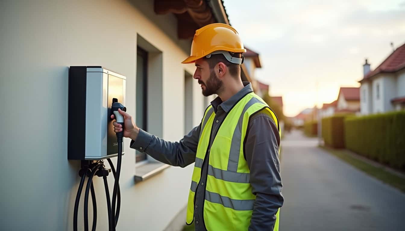 Installation d'une borne de recharge électrique sur un mur extérieur à Landrecies, en présence d'un technicien en tenue de sécurité