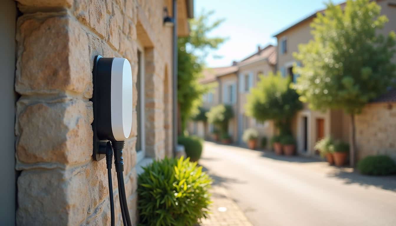 Installation d'une borne de recharge électrique sur un mur extérieur à Saint-Georges-d'Espéranche