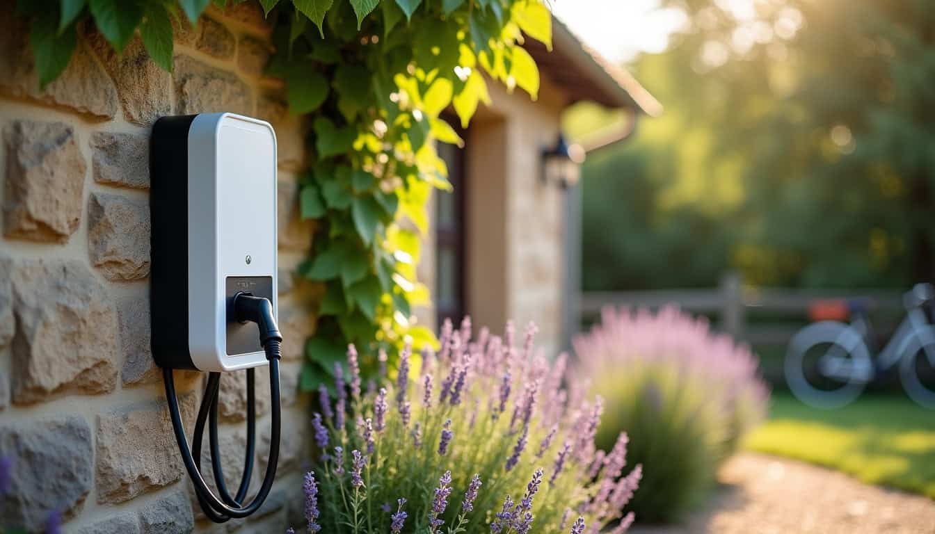 Installation d'une borne de recharge électrique sur un mur extérieur d'une maison à Beaulieu-sur-Dordogne