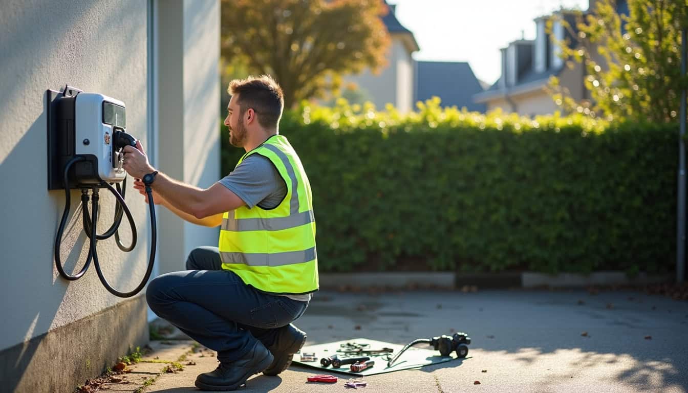 Installation d'une borne de recharge électrique sur un parking privé à Plounéventer, vue de jour avec un technicien en intervention