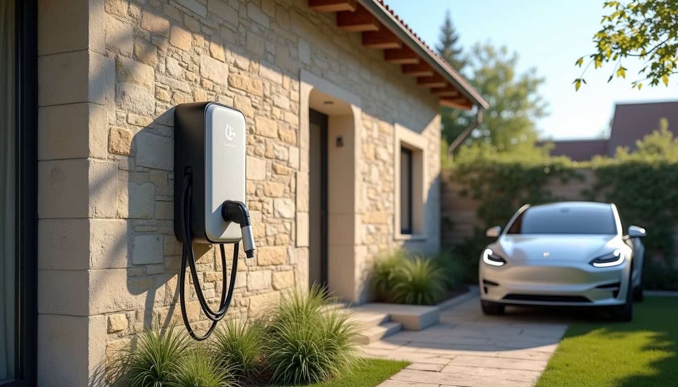 Installation d'une borne de recharge en extérieur à Vion, fixée sur un mur extérieur près d'un véhicule électrique