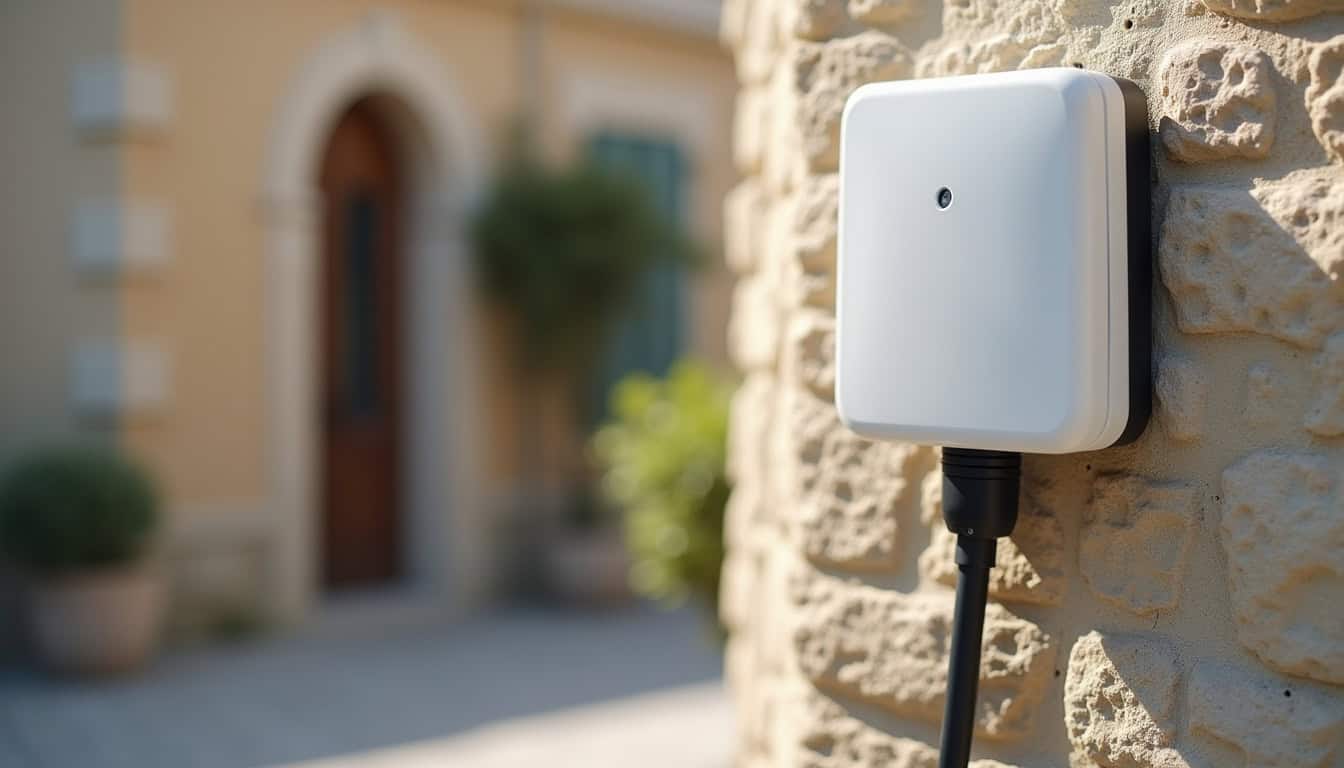 Installation d'une borne de recharge murale à Castets, vue rapprochée du boîtier fixé au mur