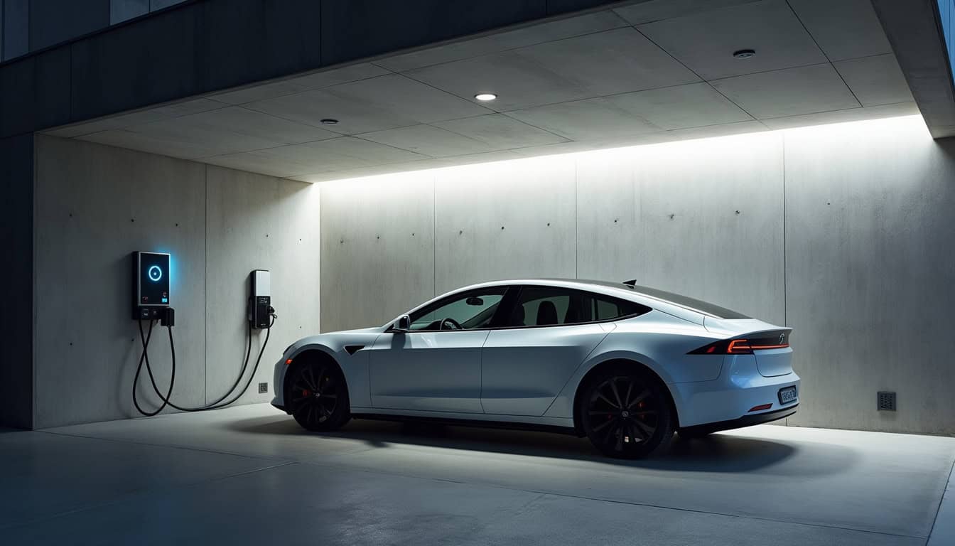 Installation d'une borne de recharge murale à côté d'une voiture électrique dans un garage privé à Prée-d'Anjou