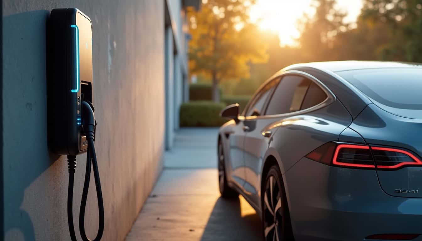 Installation d'une borne de recharge murale dans un garage privé à Grand-Santi, vue de l'équipement fixé au mur et du câble connecté à un véhicule électrique